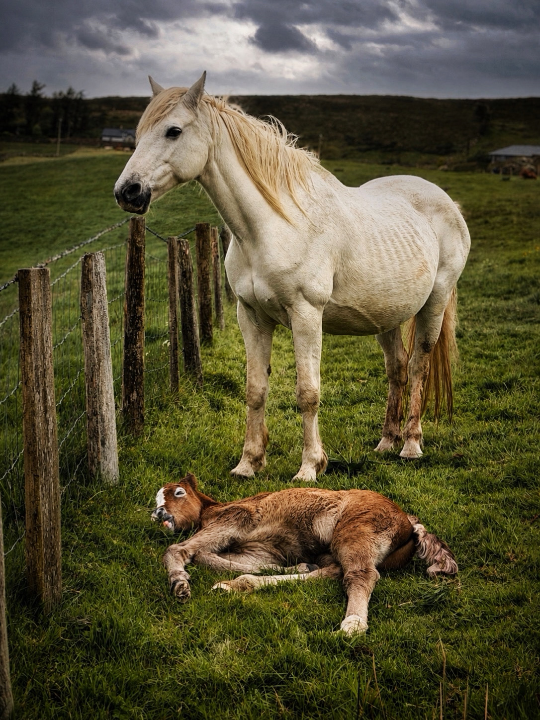White horse standing near a fence, lying brown and white dog on grass, cloudy sky background.