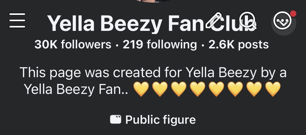 Facebook page header for Yella Beezy Fan Club with followers and posts, showing text and icons.