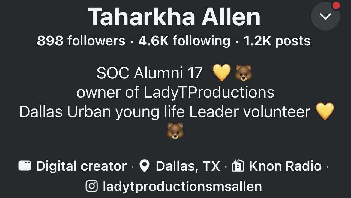 Social media profile header with name, followers, and description including icons and location.