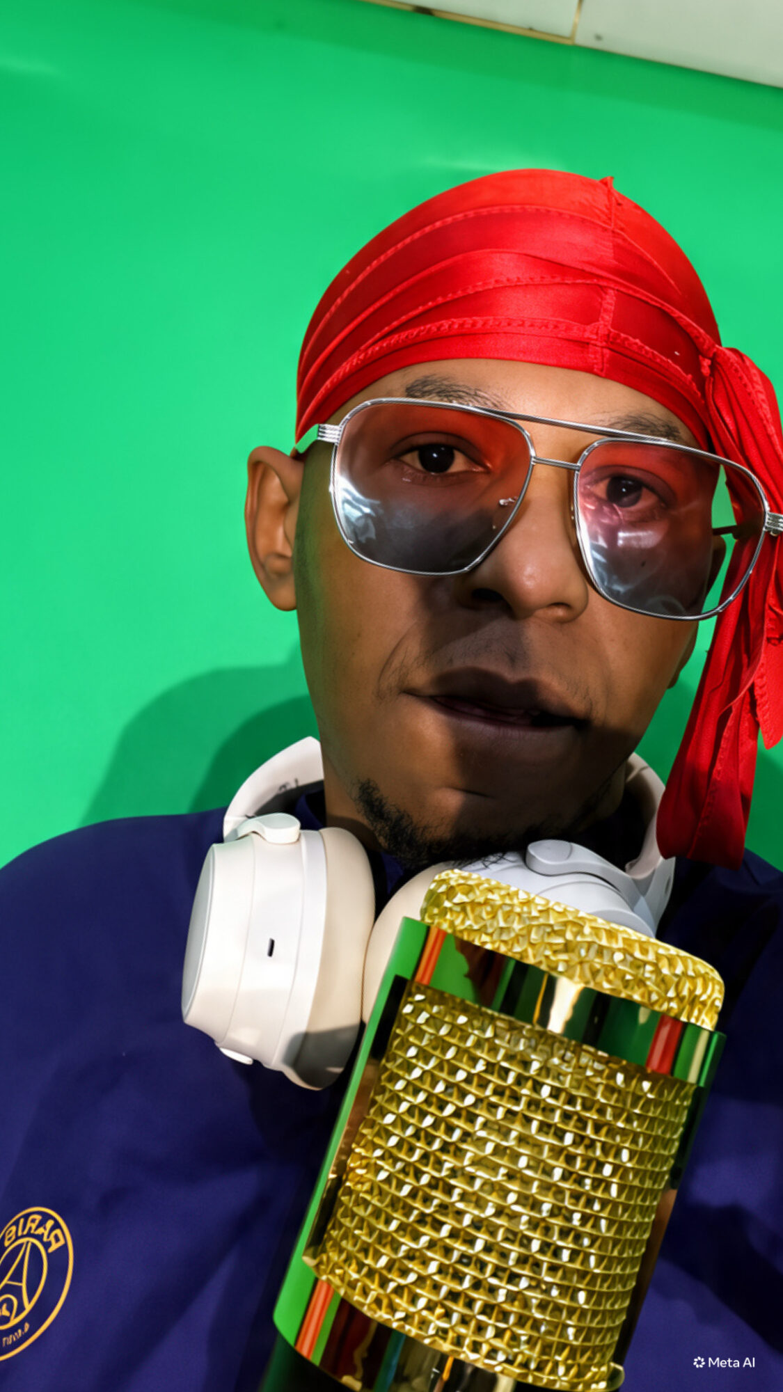 Person wearing red headscarf, sunglasses, and headphones, holding a gold-colored microphone, against a green background.