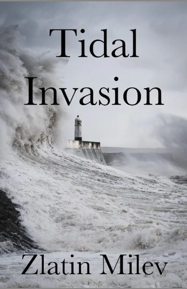 Stormy sea with large waves crashing against a lighthouse on a rocky coast, cloudy sky in background.
