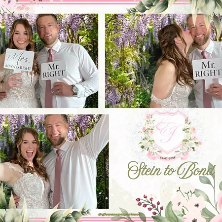 Four wedding photos: a couple holding signs, kissing, smiling with a man, and a floral design with text.