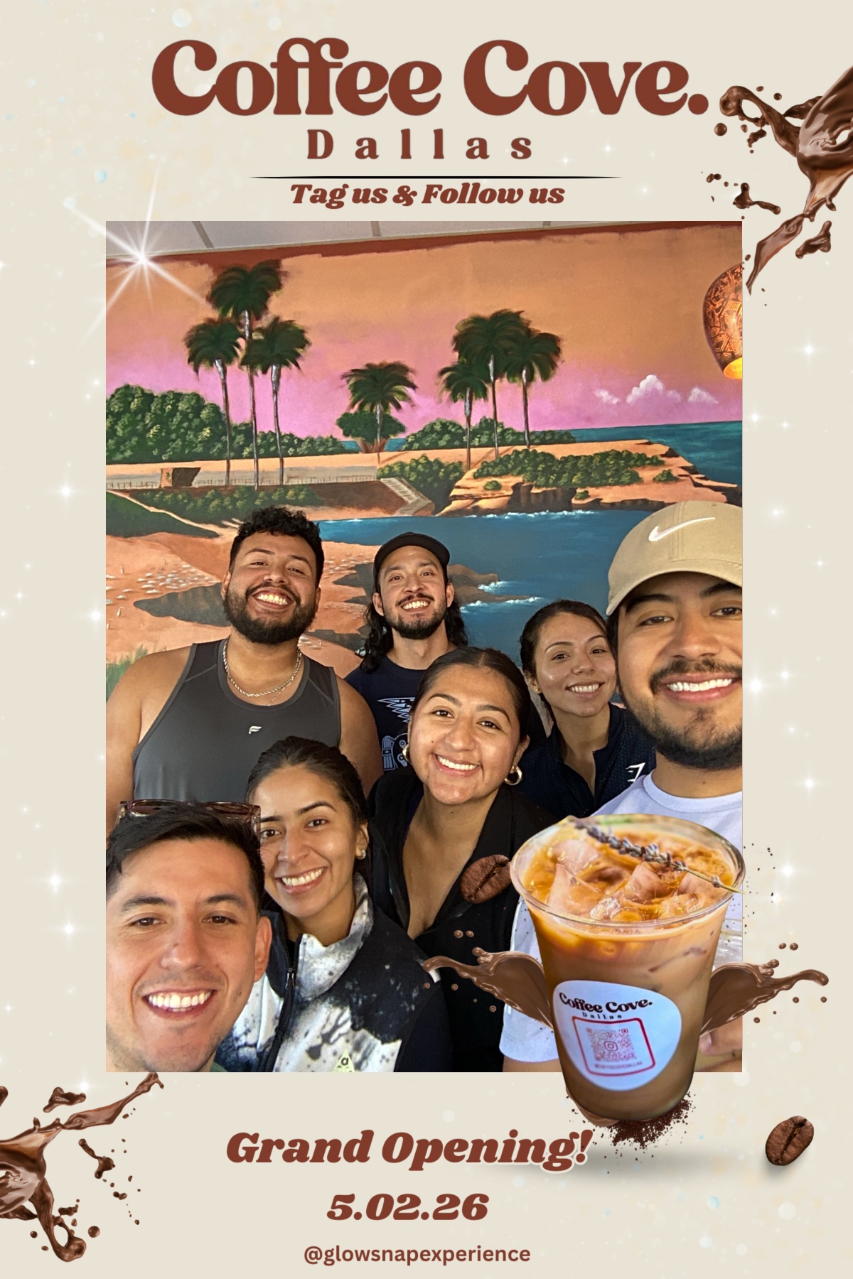 Group of smiling people at Coffee Cove Dallas with a beach scene background, holding a coffee drink, celebrating grand opening.