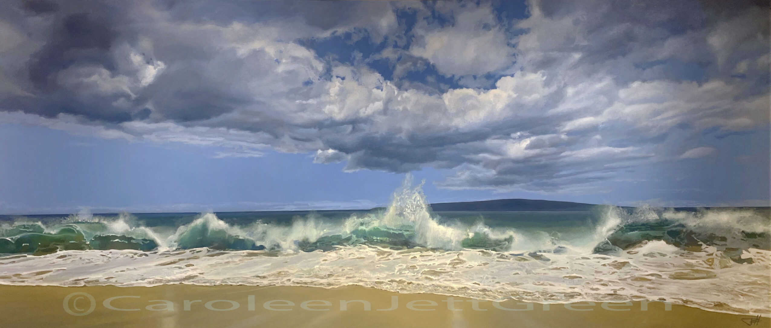 Ocean waves crashing on sandy beach under a cloudy sky, with some sunlight breaking through clouds.