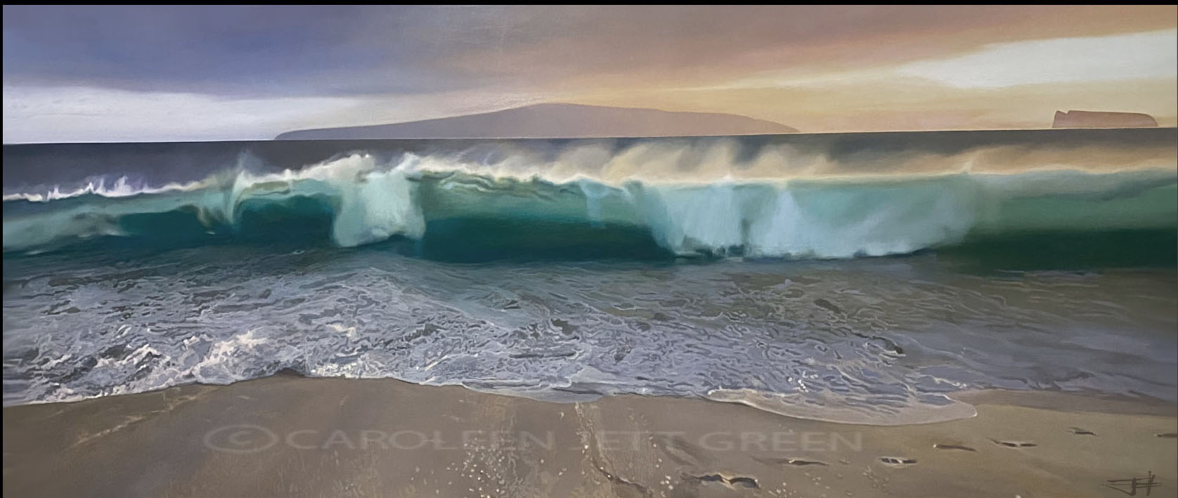 Waves crashing on sandy beach with cloudy sky in background.