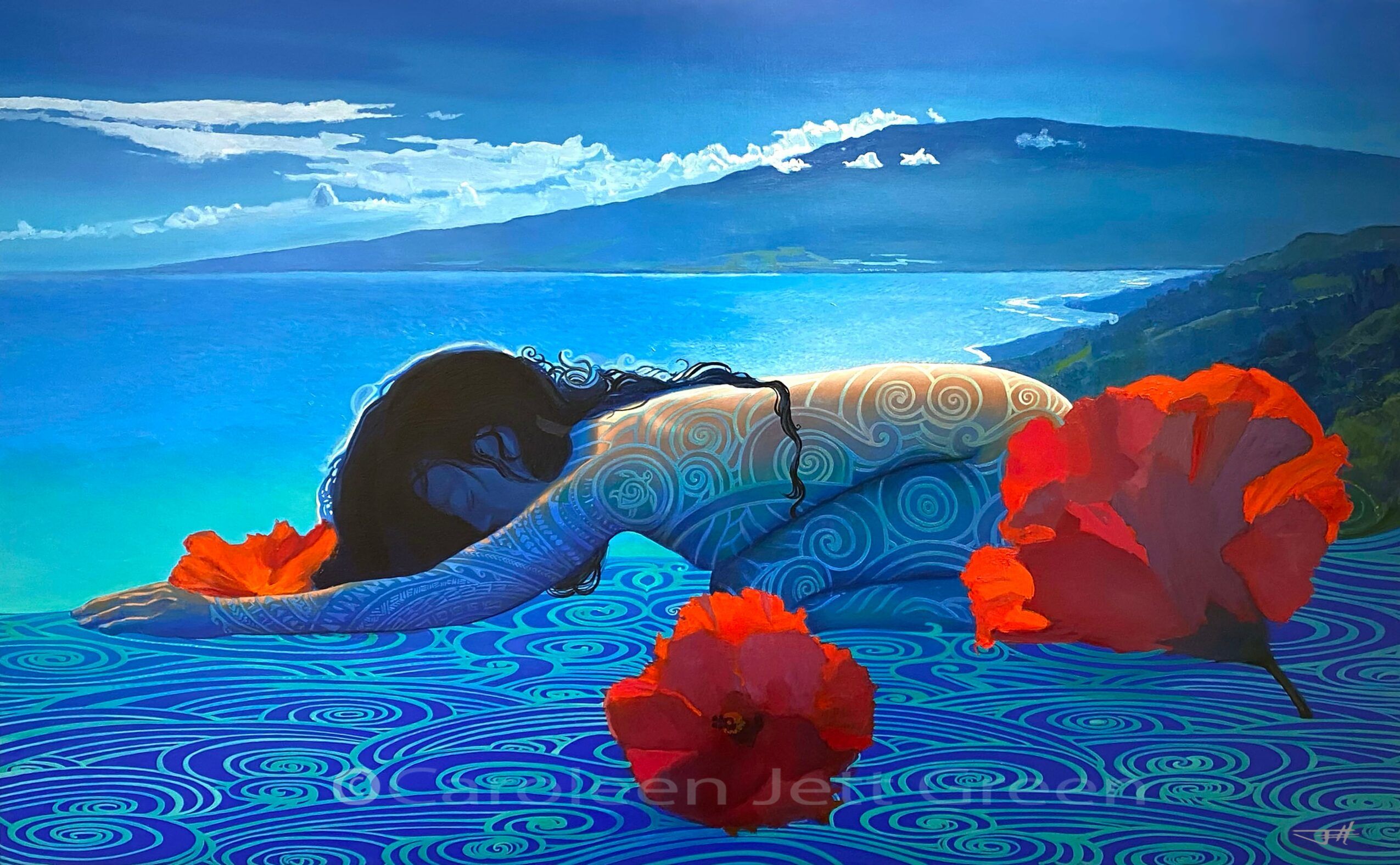 Person lying on water with flowers, ocean and sky in background, vibrant colors, serene scene.