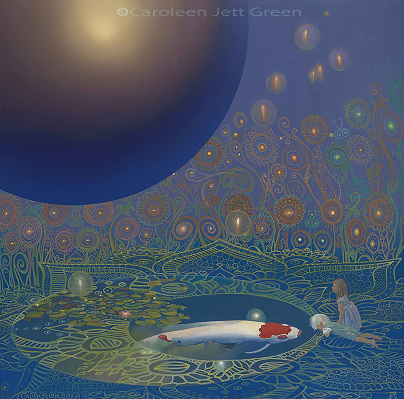 Two children and a dog float on a boat in a stylized water scene with a large glowing sun or moon above, intricate patterns, and floating orbs.