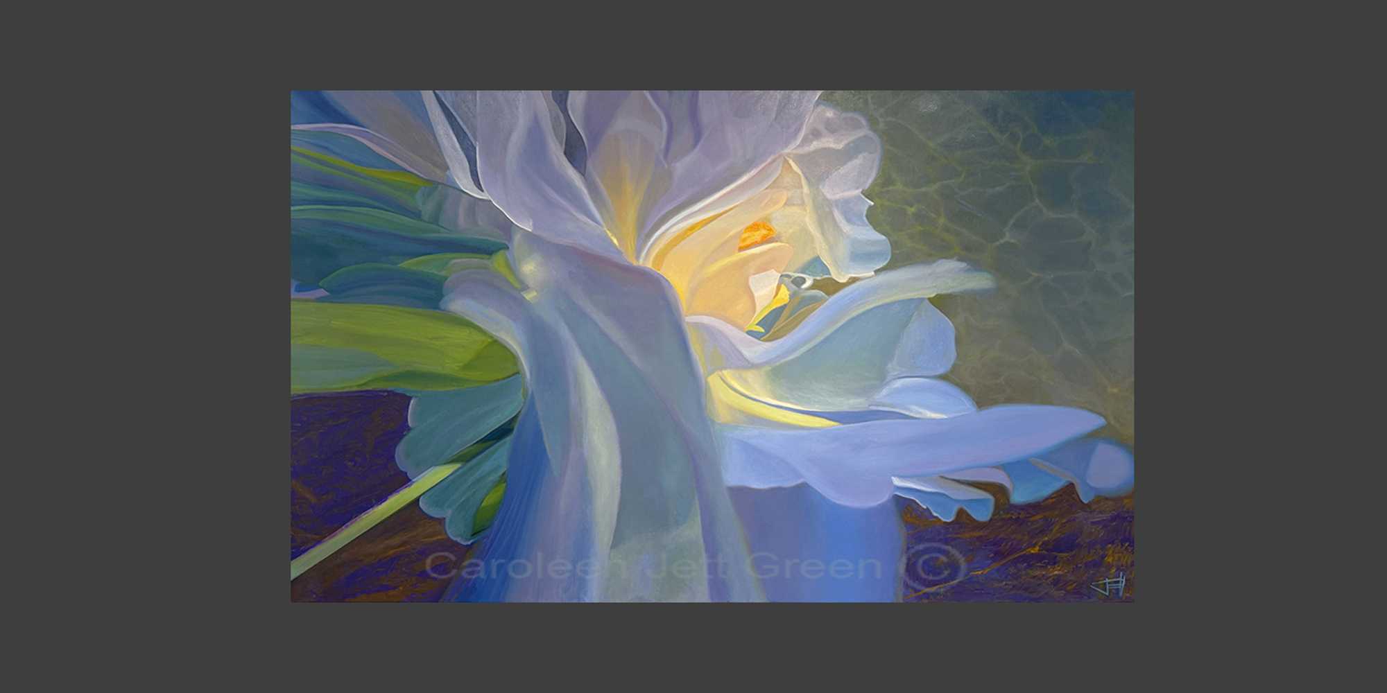 Abstract painting with flowing shapes and colors, including white, yellow, blue, green, and purple hues.