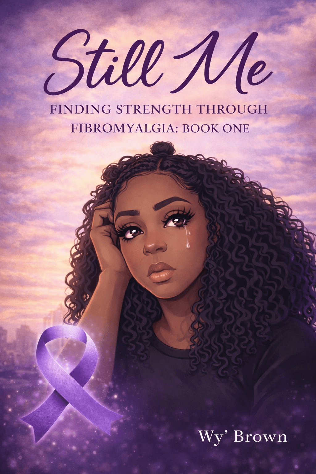 Book cover with a woman with curly hair, purple sky background, purple ribbon, and title 'Still Me' by Wyi Brown.