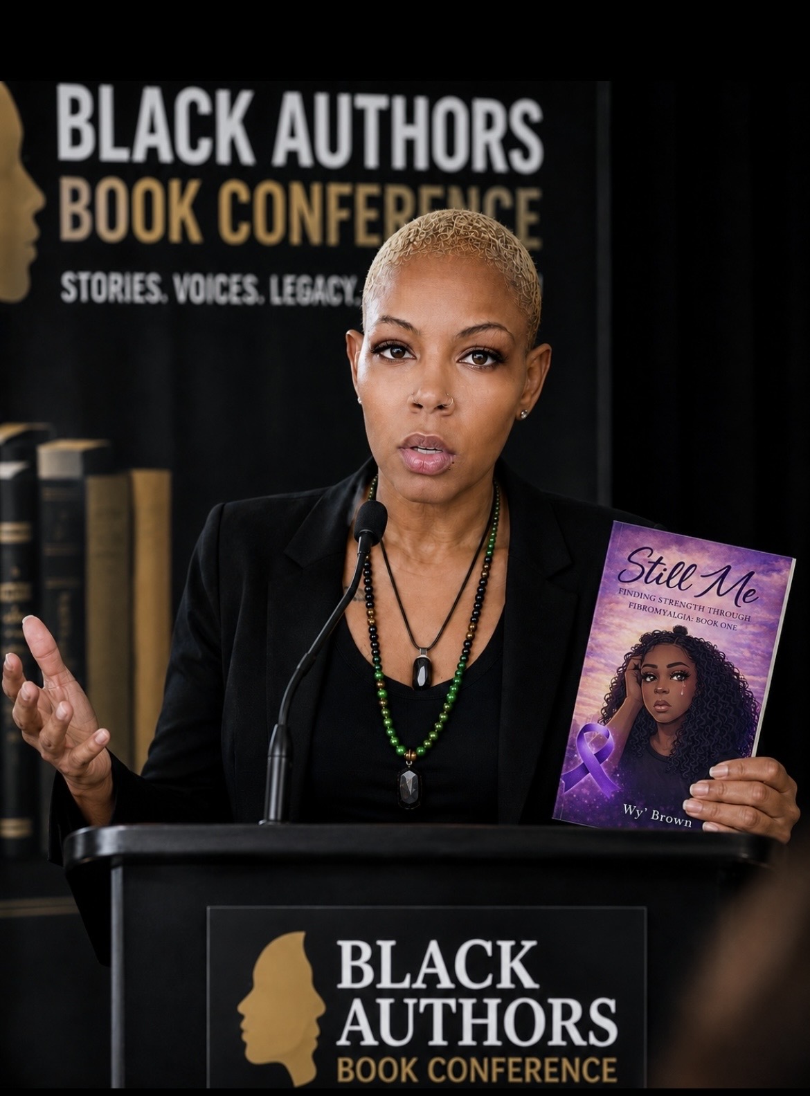 Woman speaking at a conference holding a book titled 'Stile Me' with a black background and 'Black Authors Book Conference' sign.