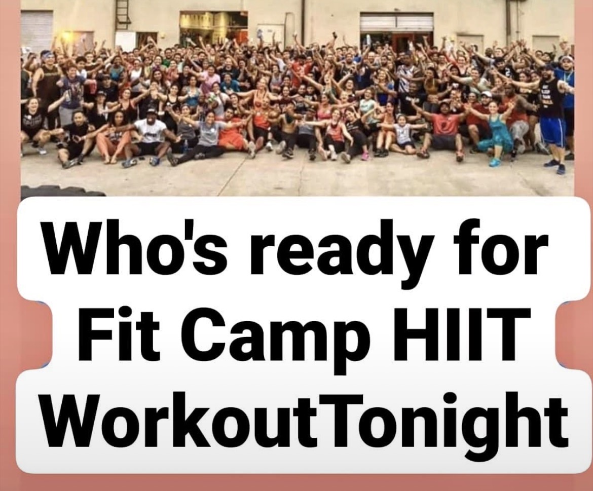 Large group of people outdoors, some with arms raised, with text about Fit Camp HIIT workout tonight.