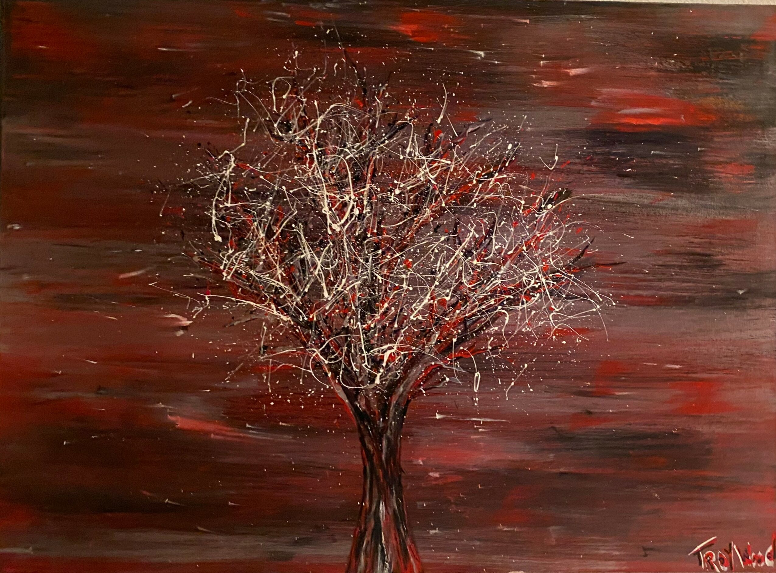 A painting of a leafless tree with white branches against a red and brown abstract background.