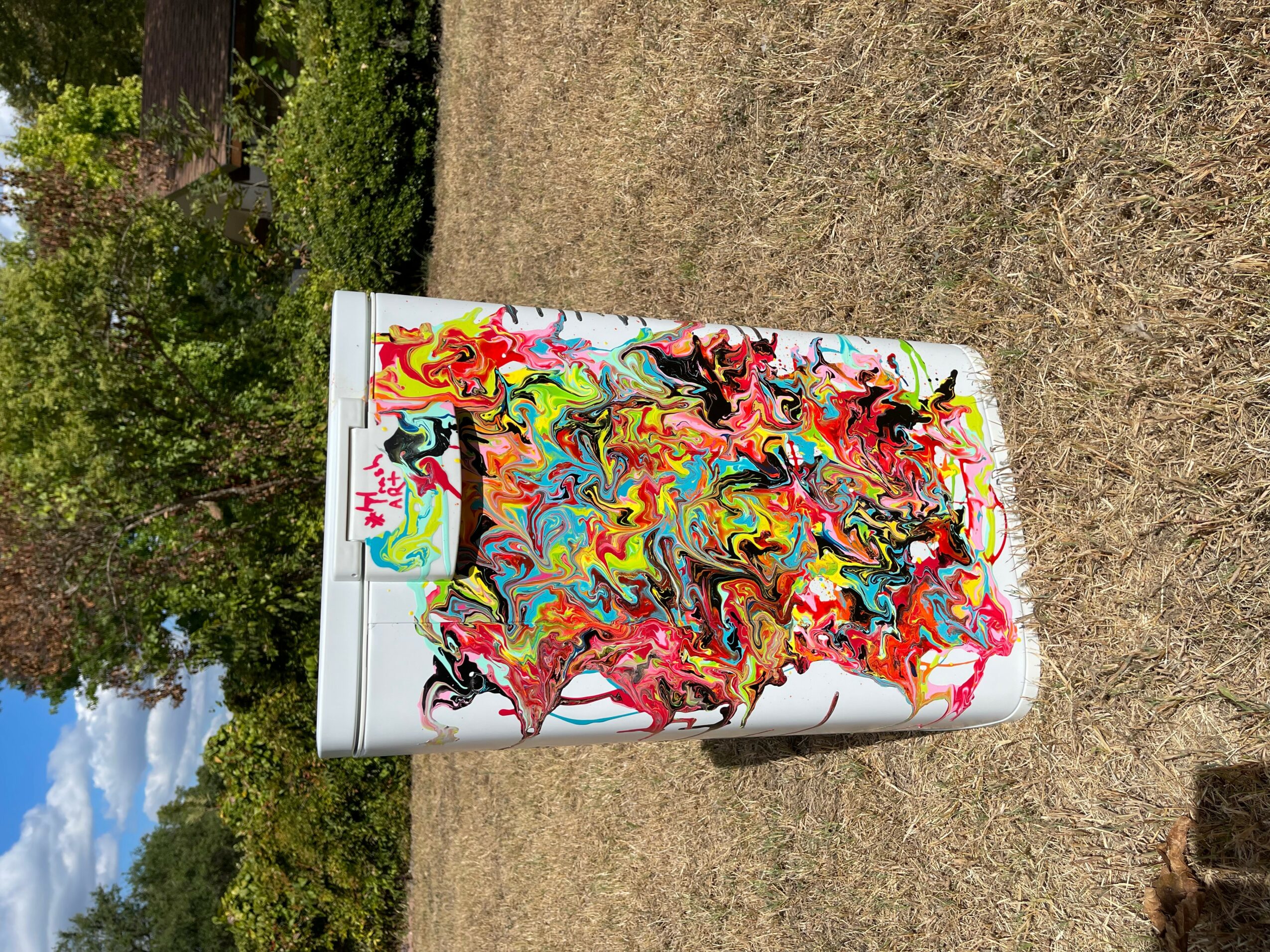 Colorful abstract paint splatter on a white surface outdoors, with trees and grass in the background.