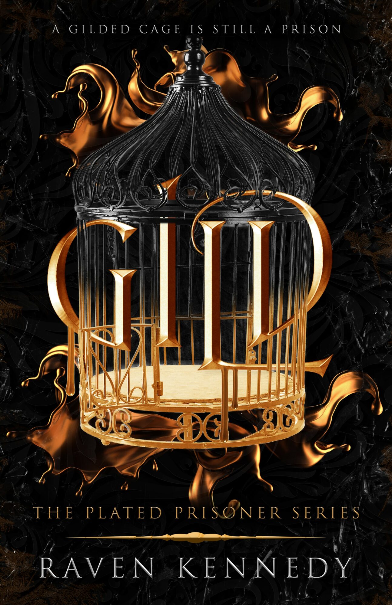 Book cover with a golden birdcage and fiery flames, title 'Gilded' and author's name Raven Kennedy.
