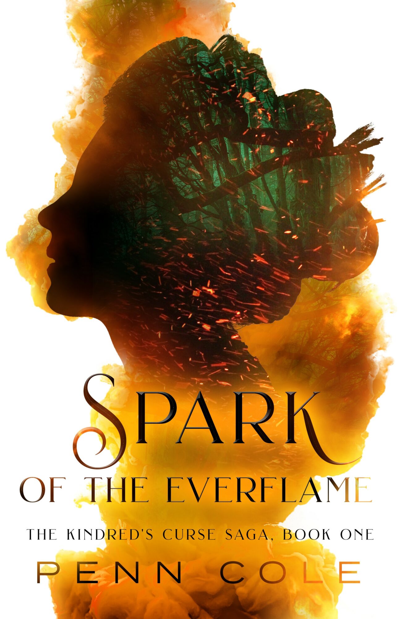 Silhouette of a woman's profile with a fiery background and a tree inside her head, title and author text below.