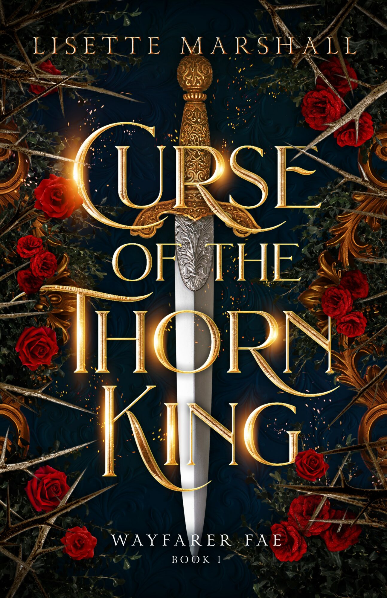 Book cover with a sword, roses, and dark background, titled 'Cursed of the Horn King' by Lisette Marshall.