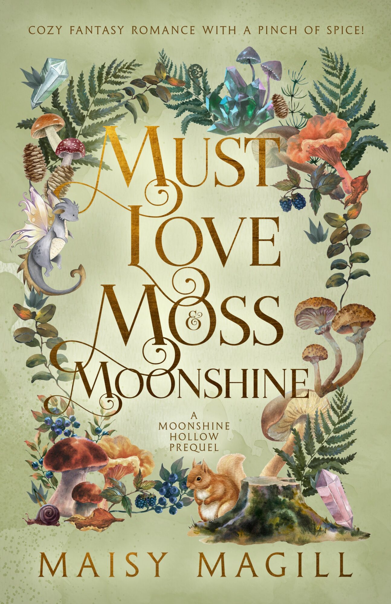 Book cover with floral illustrations, title 'Must Love Moss' and author 'Maisy Magill', featuring a cat and mushrooms.