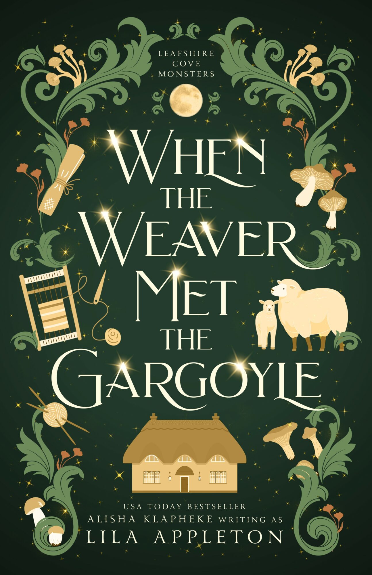 Book cover with decorative green and gold design, title 'When the Weaver Met the Gargoyle,' and author Alisha Klapheke, featuring a gargoyle and weaving tools.