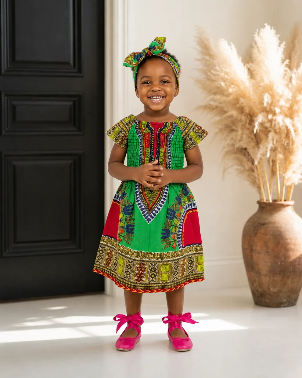 Smiling young girl in colorful dress and pink shoes standing indoors next to a large vase with pampas grass.