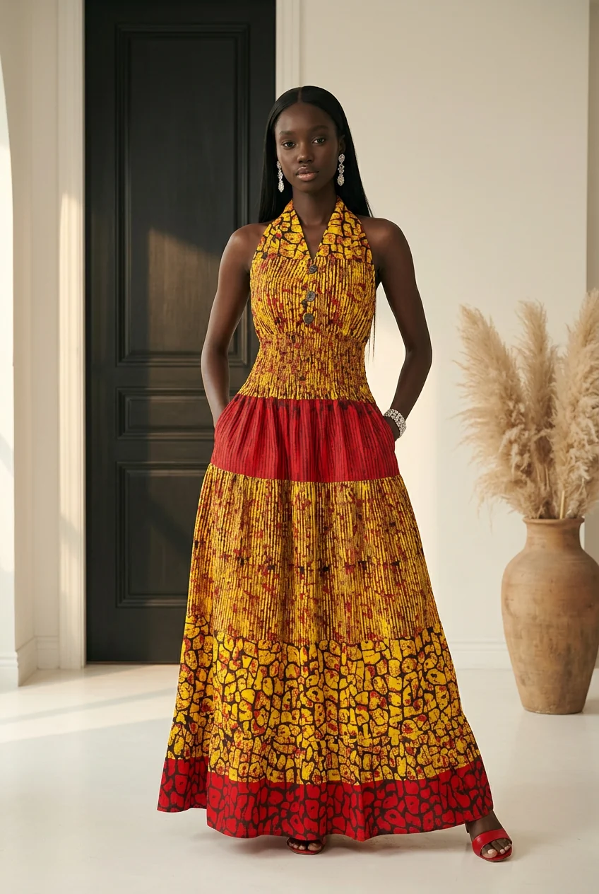 Woman in colorful dress standing indoors with a dark door and a large vase with pampas grass behind her.