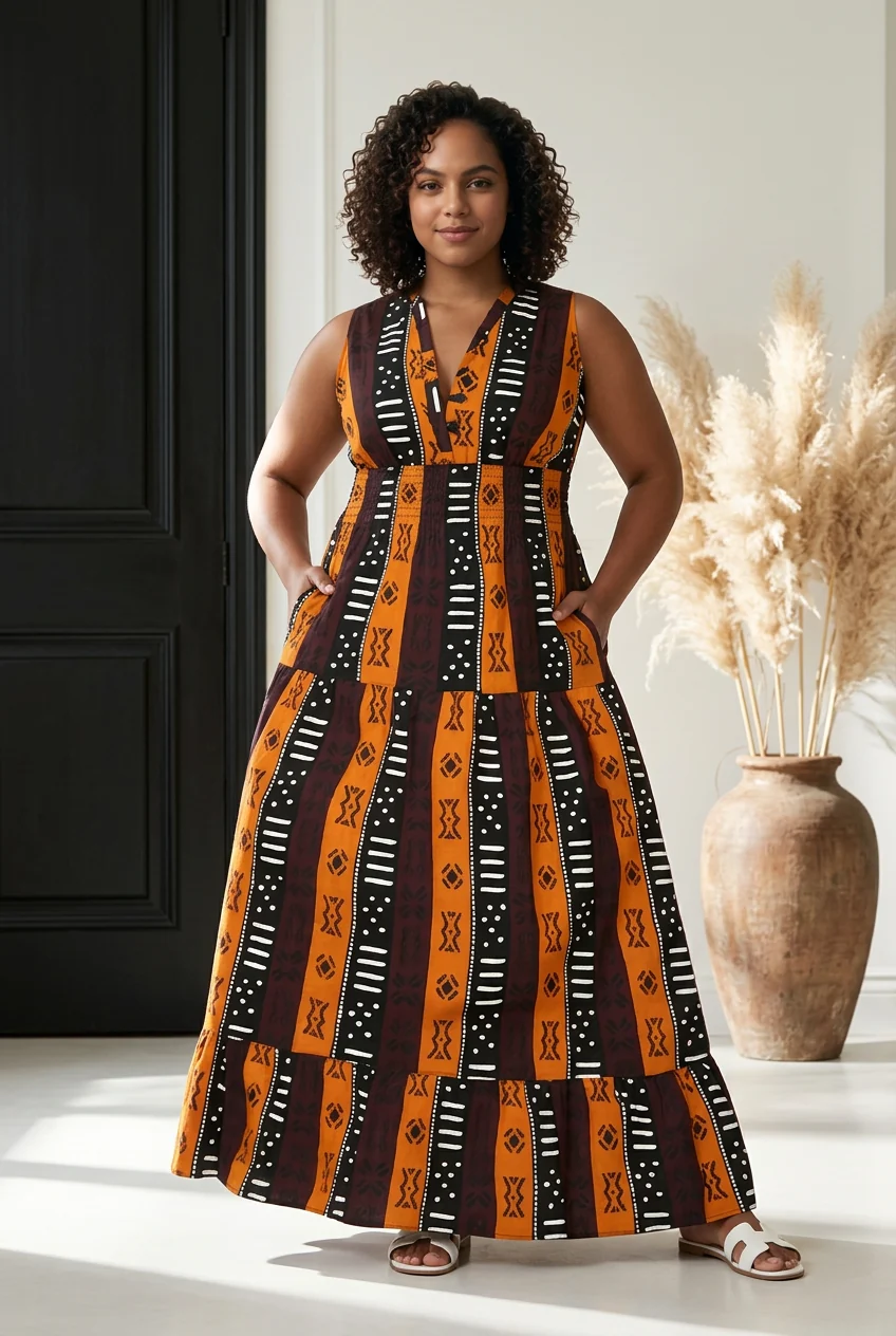 Woman with curly hair in a patterned orange, black, and white maxi dress, standing indoors near a large vase with pampas grass.