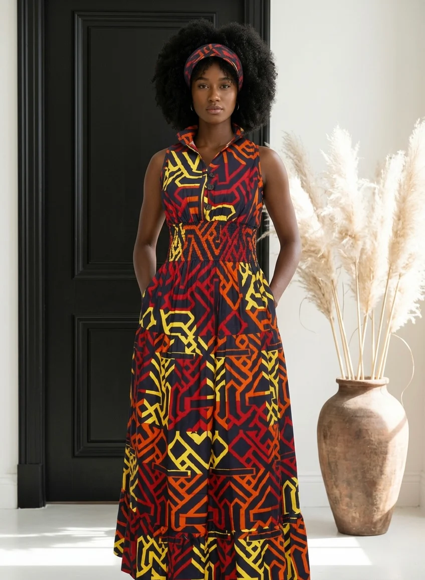 Young woman with natural curly hair wearing a colorful patterned sleeveless dress, standing indoors near a large vase with pampas grass.