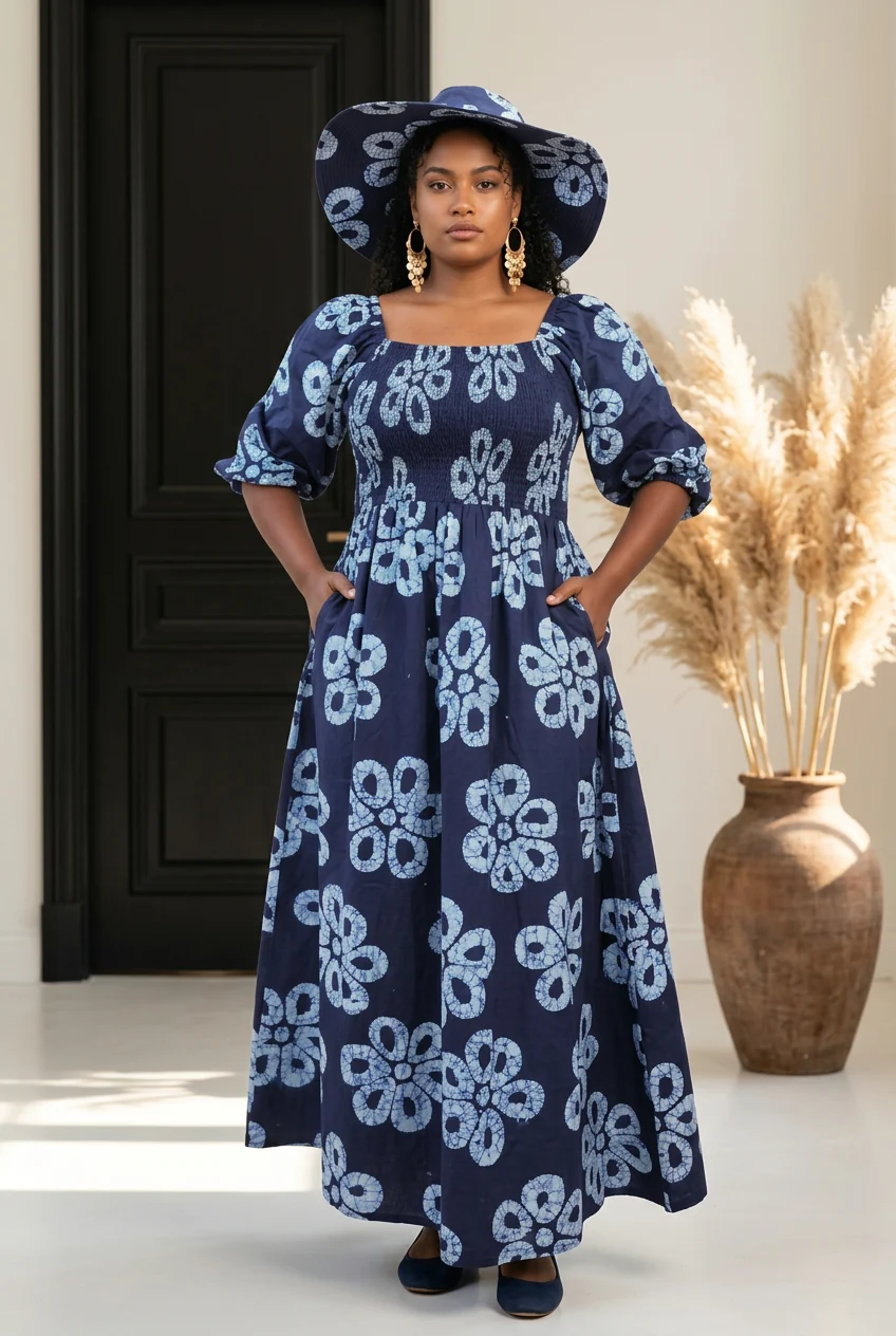 Woman in a blue floral dress and wide-brimmed hat standing indoors with a black door and a large vase of pampas grass behind her.