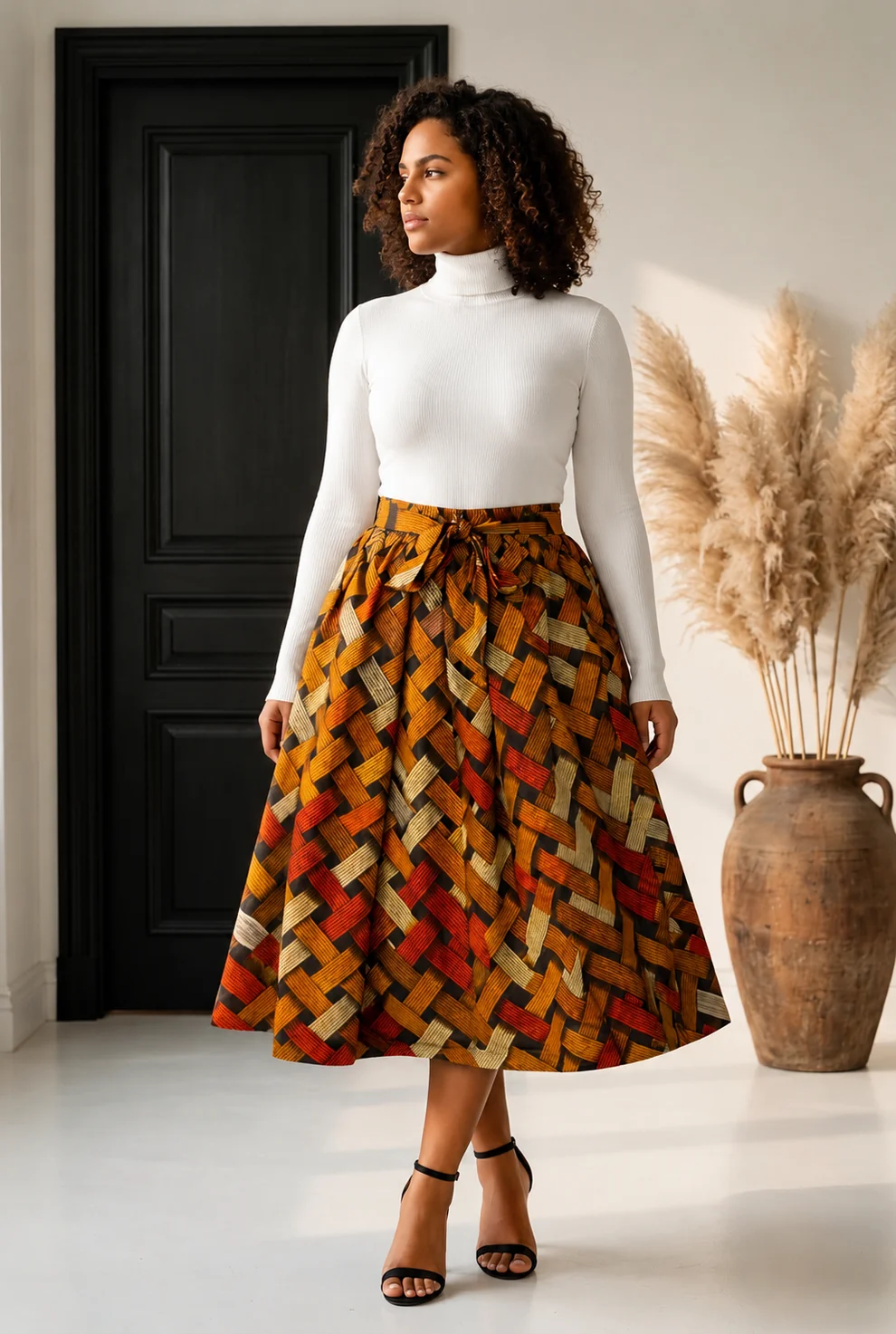 Woman with curly hair in a white turtleneck and patterned skirt standing indoors near a black door and large vase with pampas grass.