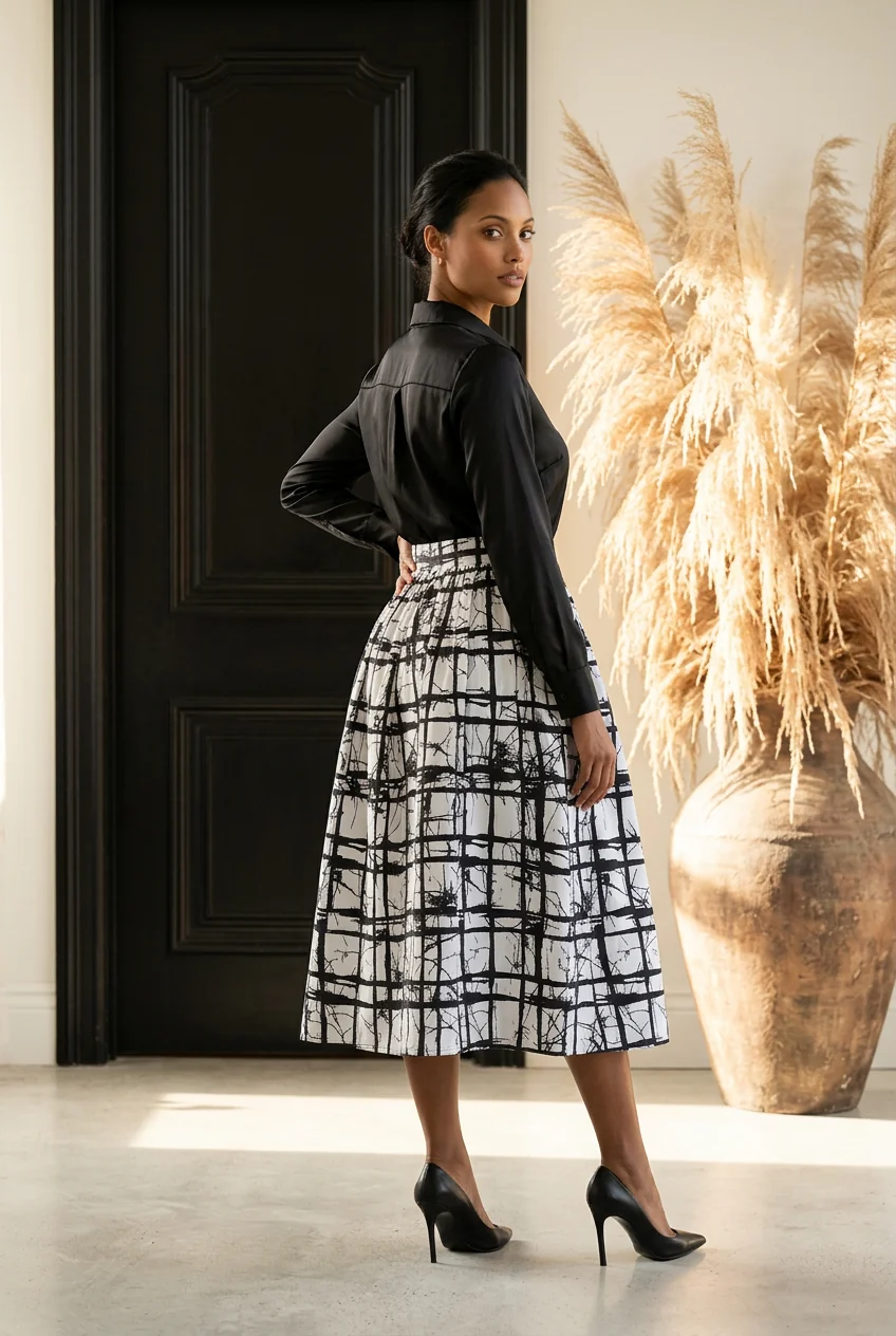 Woman in black top and patterned skirt standing indoors near a large vase with pampas grass, looking over her shoulder.