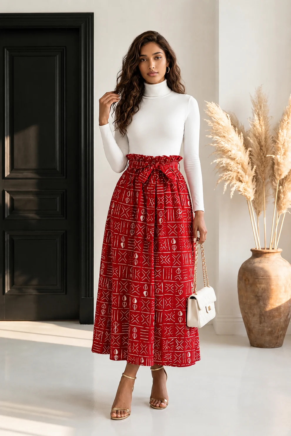 Woman in white turtleneck and red patterned skirt holding a white handbag, standing indoors near a black door and large vase with pampas grass.