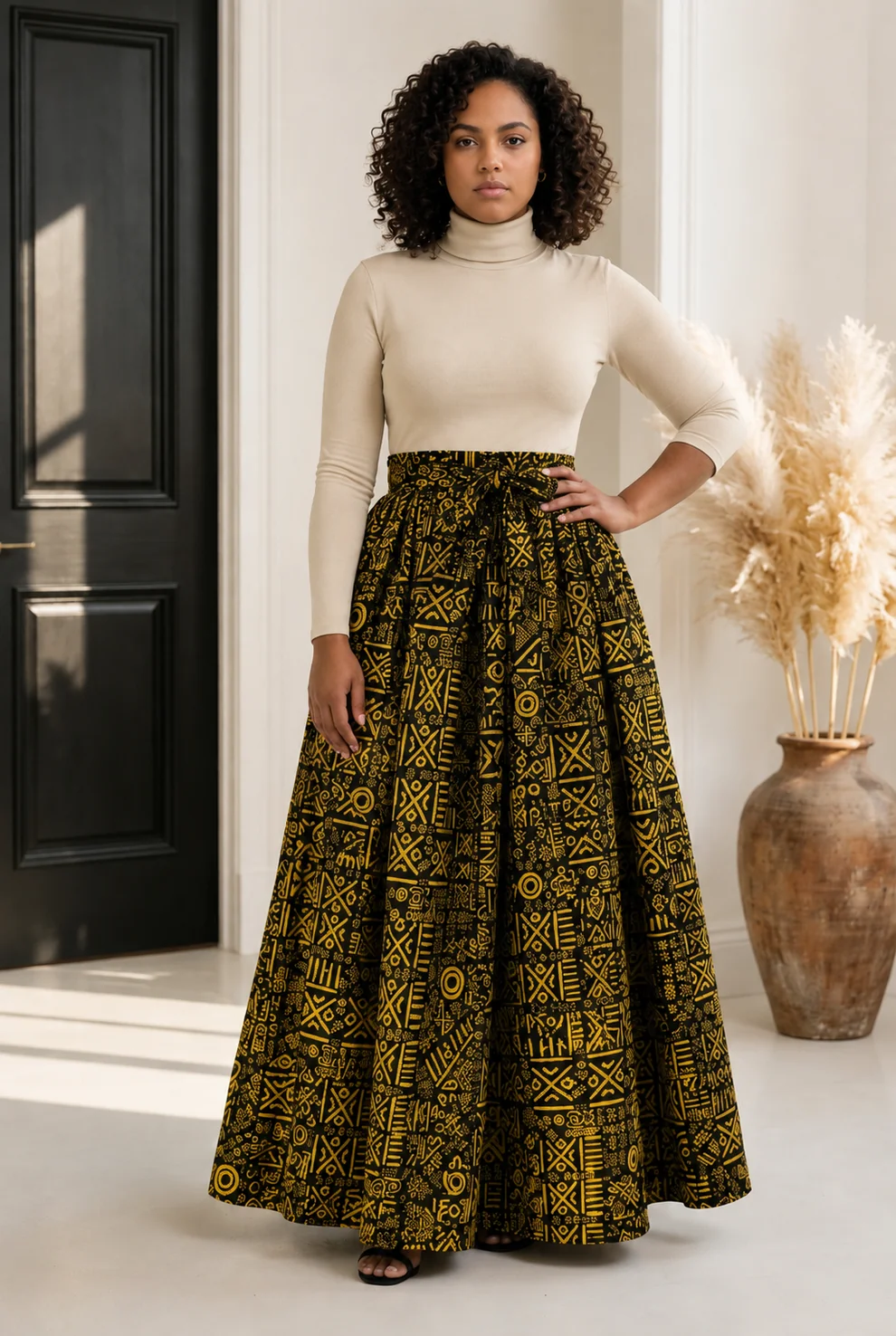 Woman with curly hair in a cream turtleneck and patterned long skirt standing indoors near a black door and a large vase with dried plants.