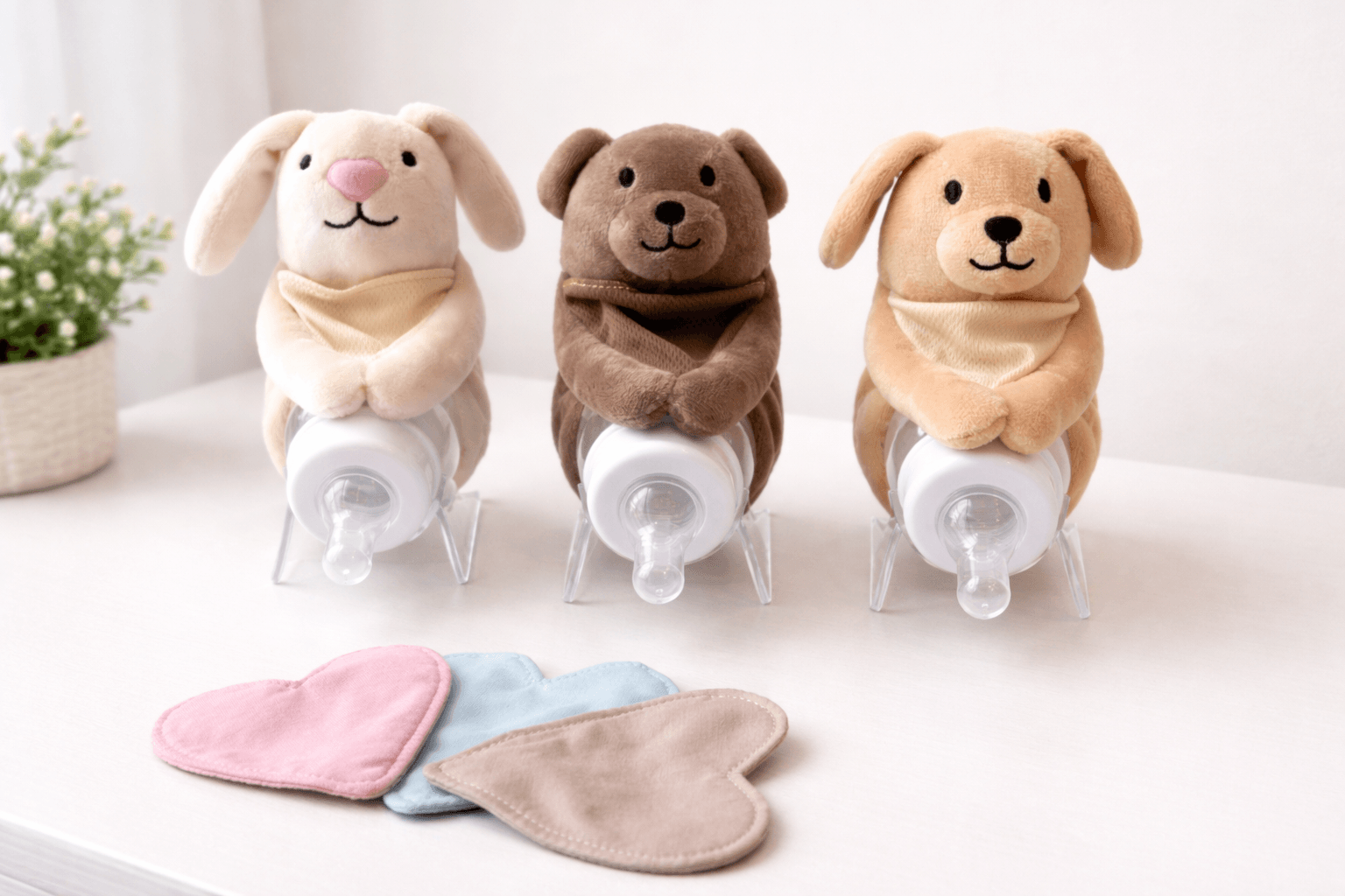 Three plush animal-shaped hand sanitizers on a white surface with colorful cloths in front, a potted plant on the side.