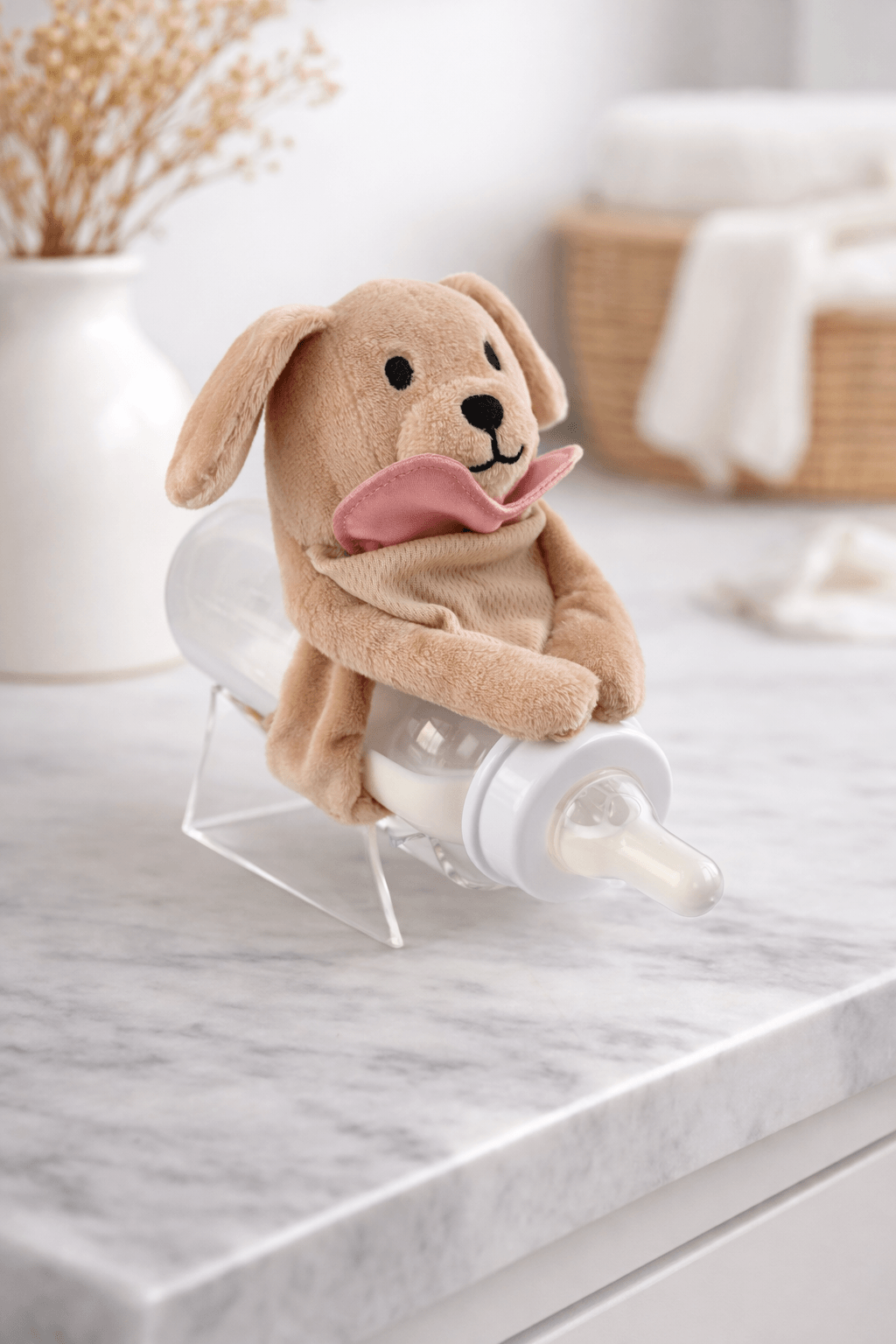 A plush dog toy with a tongue, sitting on a white surface with a baby bottle in front, in a bright room.