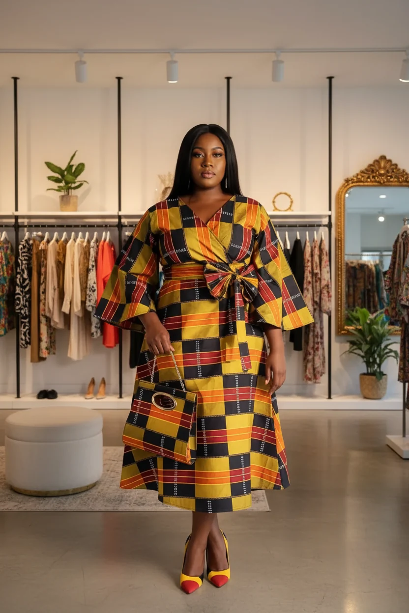 Woman in colorful patterned dress with a bow, standing in a clothing store, surrounded by racks and decor.