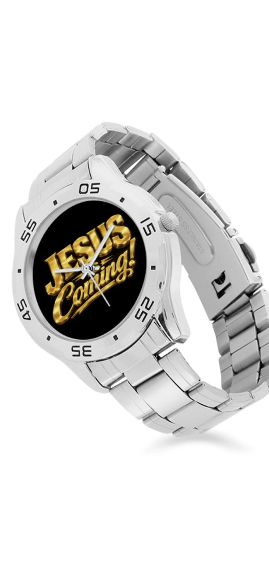 Silver wristwatch with a digital display showing 'JESUS is Coming!' in yellow text, on a white background.