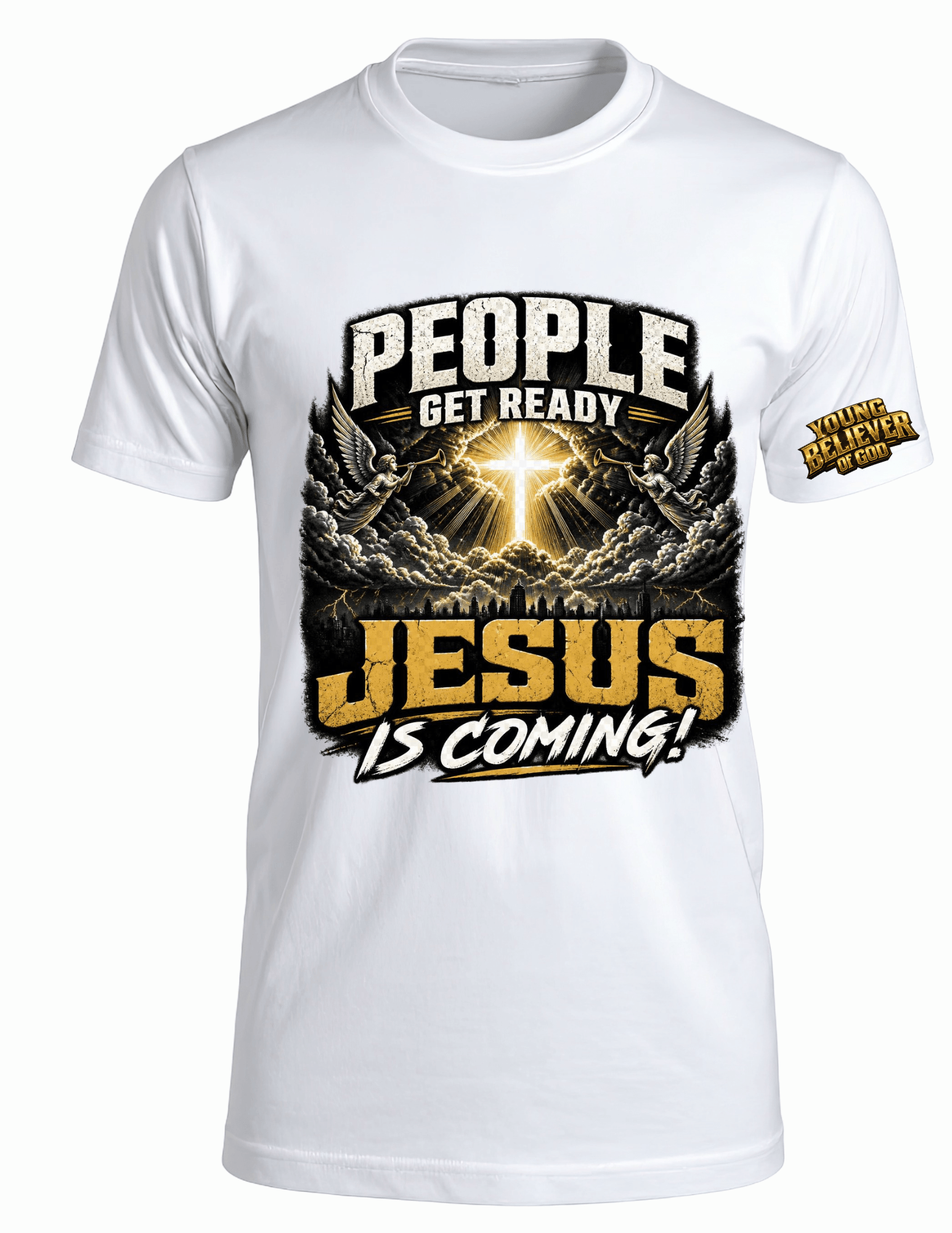 White T-shirt with a graphic design and text about Jesus coming, featuring a cross and clouds, and a patch on the sleeve.
