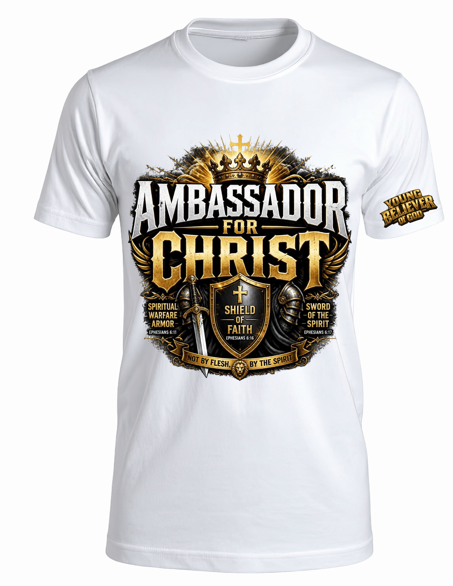 White T-shirt with a religious-themed graphic and text, including a crown, shield, and various symbols, centered on the front.