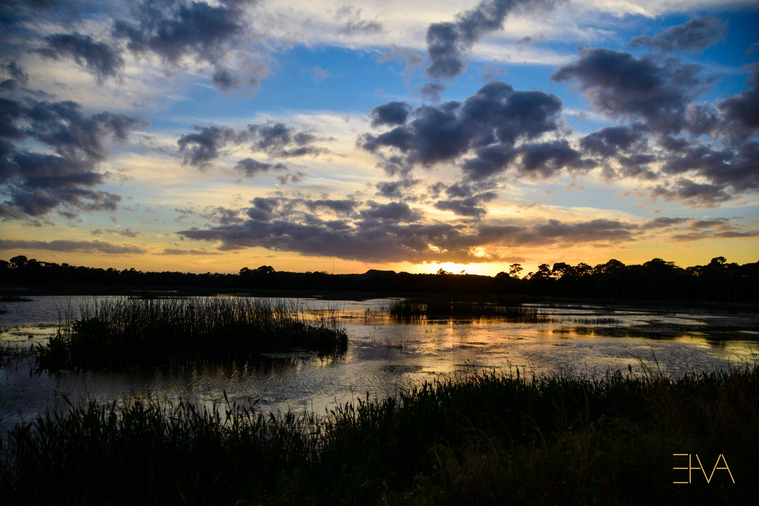 Sunset over a lake with clouds and silhouetted trees, reflecting on the water, with grassy foreground.