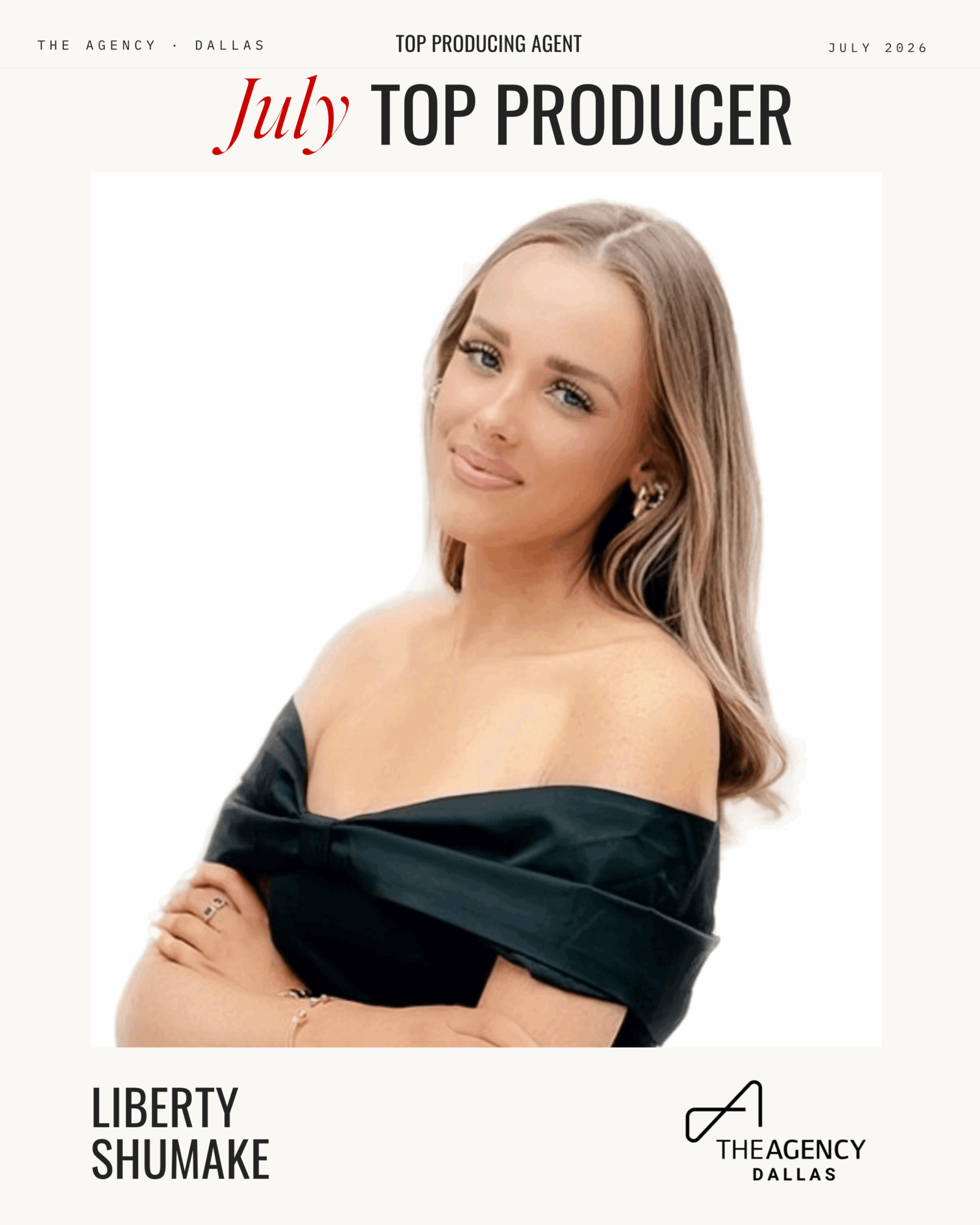 Young woman with long hair, wearing an off-shoulder black top, smiling slightly, against a white background.