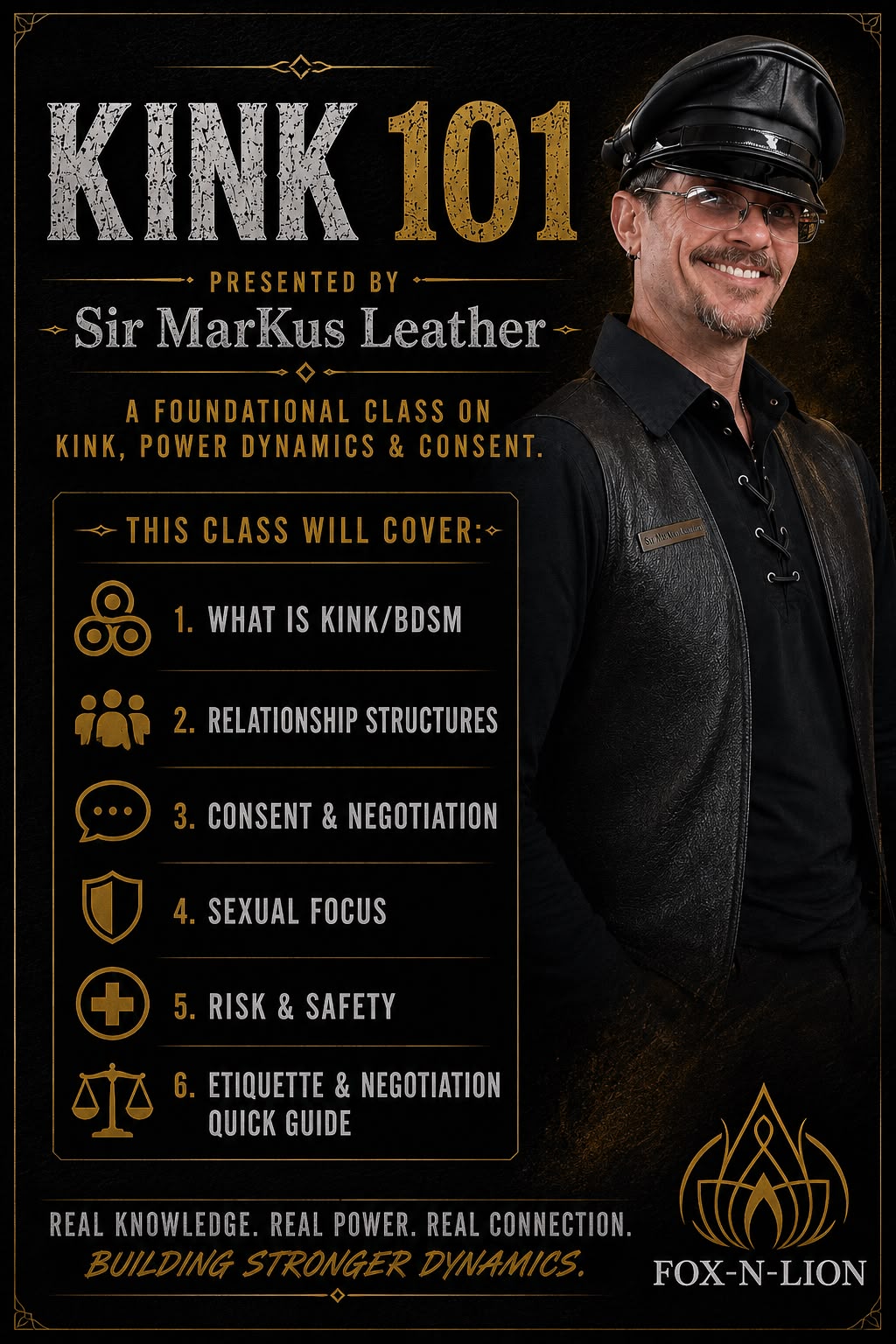 Man wearing black leather cap and jacket, smiling, standing against a black background with text about KINK 101 class.