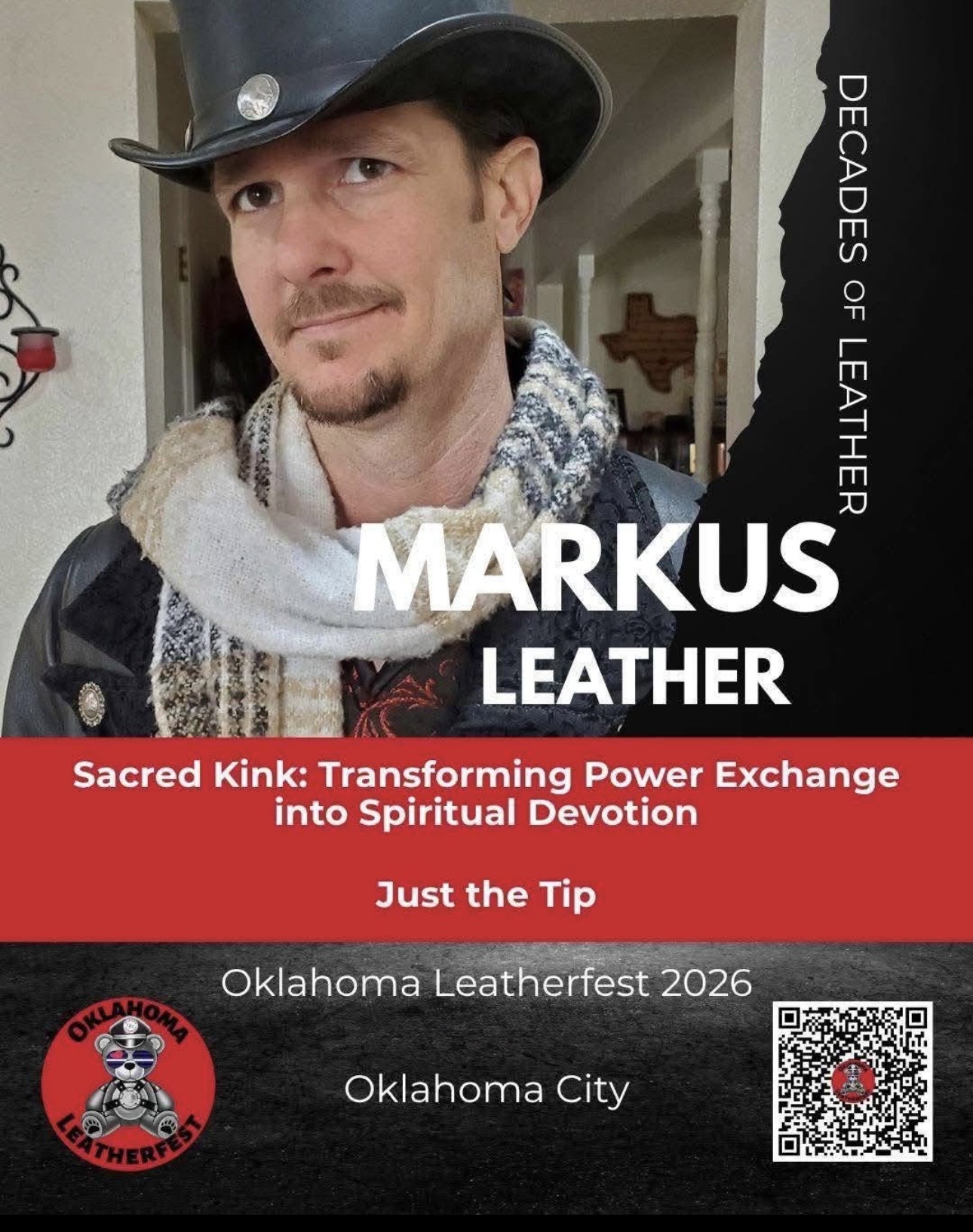 Man wearing a cowboy hat and scarf, with text about Oklahoma Leatherfest 2026 and a QR code.
