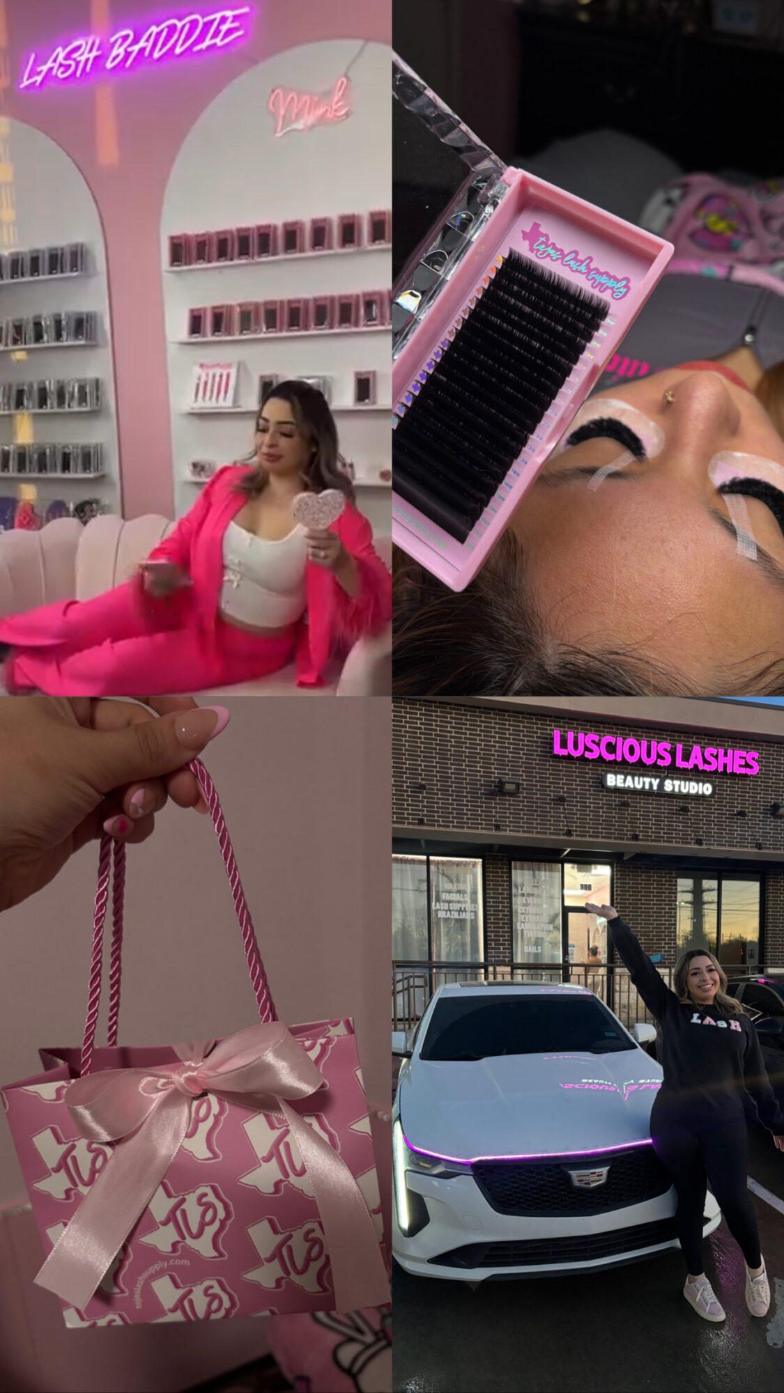 Woman sitting in beauty store with pink decor, holding a pink bag, and a person taking photo. Store has neon signs and makeup displays.