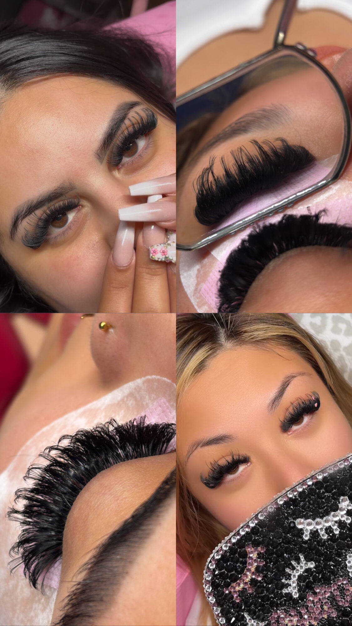 Close-up of four women with makeup and eyelash extensions, two with glasses, one with a face mask, all with styled hair.