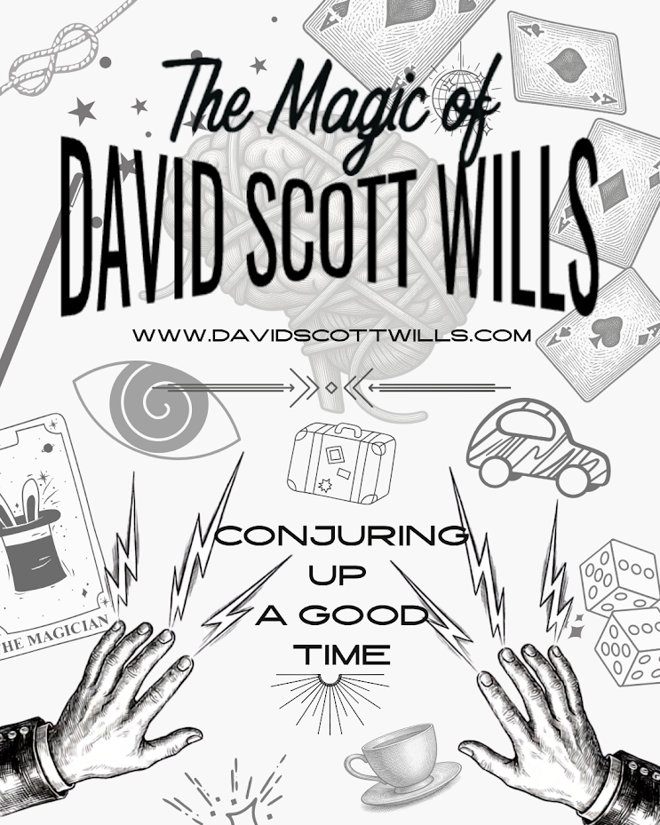Illustration with hands, playing cards, and magic symbols, promoting David Scott Wills' magic show and conjuring skills.