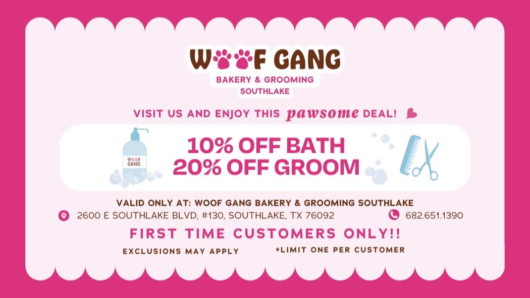 Pink and white promotional banner for WOF GANG bakery and grooming, offering discounts on bath and groom services, with address and contact.