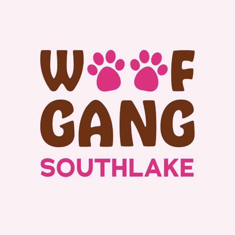 Text with paw prints reading 'WOF GANG SOUTHLAKE' in brown and pink on a light background.