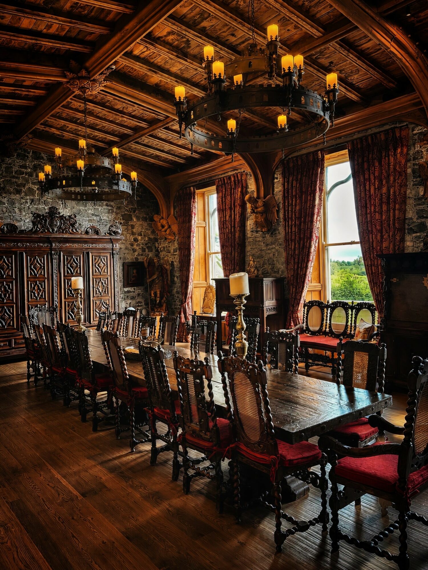 Long wooden dining table with chairs in a historic room with chandeliers, large windows, and ornate woodwork.