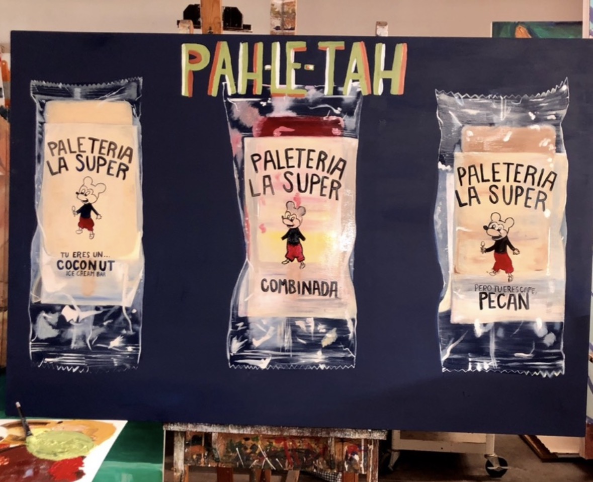Display board with three snack packages labeled 'Paleteria La Super' and different flavors, with a colorful sign above.