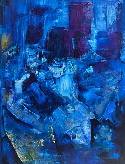 Abstract painting with various shades of blue and purple, textured brushstrokes, and hints of yellow.