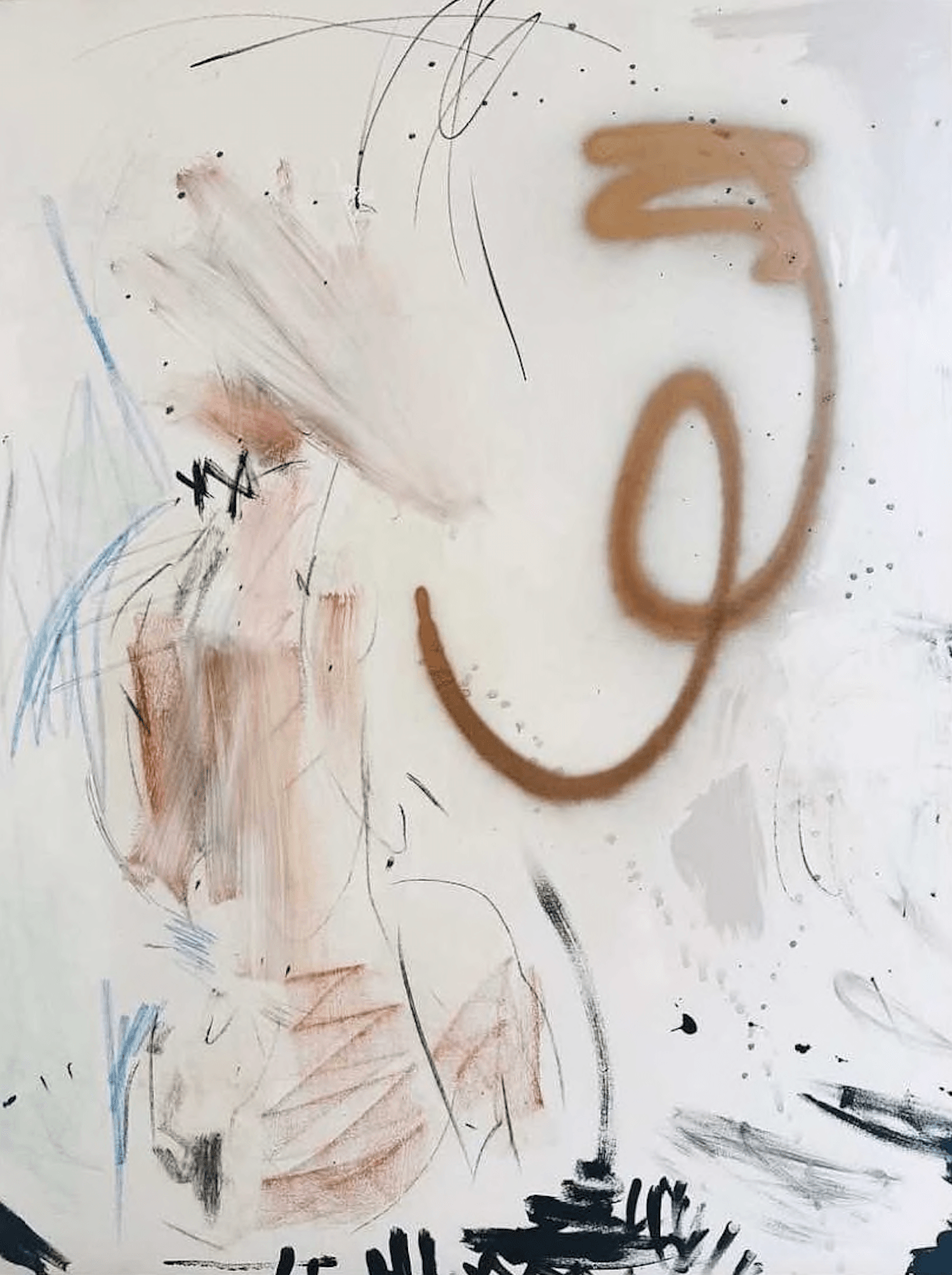 Abstract drawing with scribbles, smudges, and a large brown curved line on a white background.